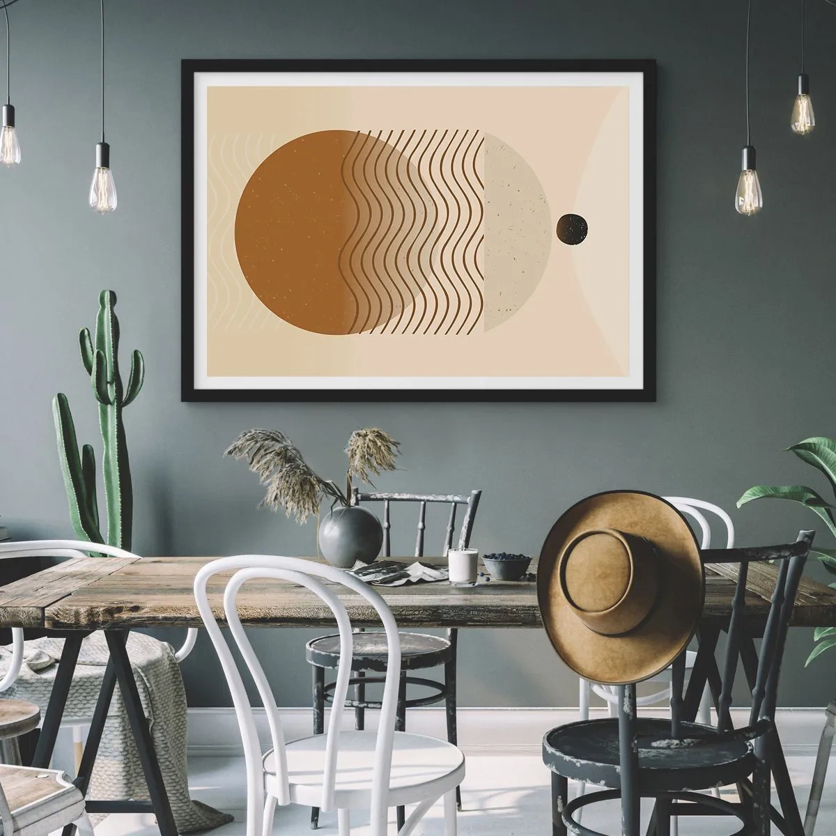 Poster in einem schwarzem Rahmen - Geometrische Abstraktion mit Kreisen und Wellenlinien in warmen Farben. - 100x70cm - Zur Entstehung geometrischer Figuren - Moderne Wanddekoration für Wohnzimmer und Schlafzimmer ARTTOR