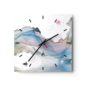 Wanduhr - Glasuhr - Eine subtile Landschaft mit Bergen, Wasser und einem Boot - 30x30cm - Zu den Kristallbergen - Moderne Wanddekoration für Wohnzimmer und Schlafzimmer ARTTOR