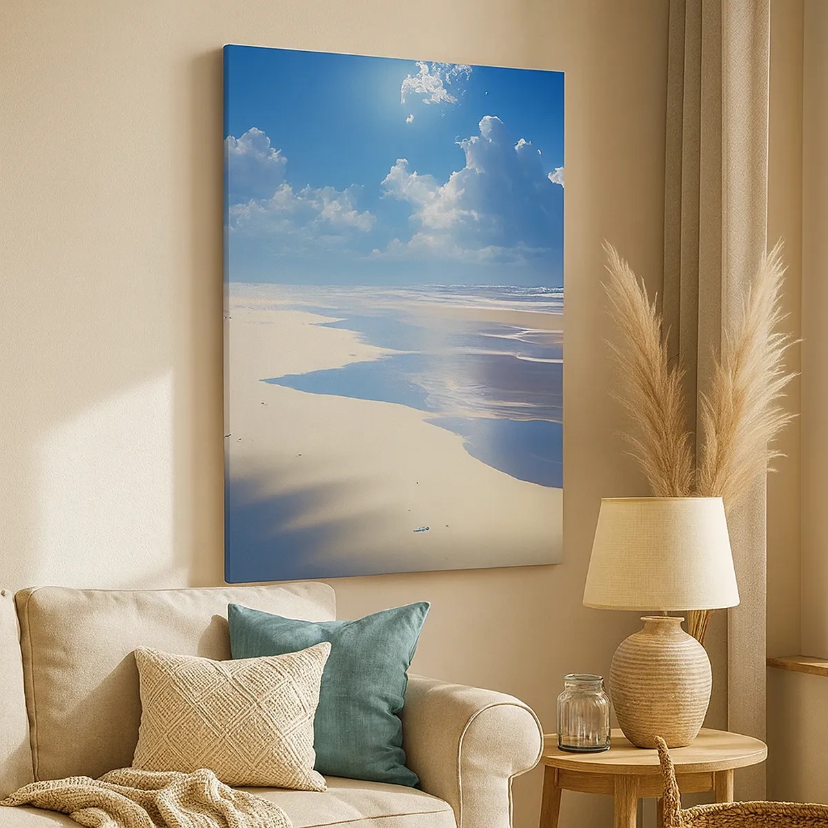Bild auf Leinwand - Leinwandbild - Ein Sandstrand mit Wellen unter blauem Himmel - 50x70cm - Paradiesischer Urlaub - Moderne Wanddekoration für Wohnzimmer und Schlafzimmer ARTTOR