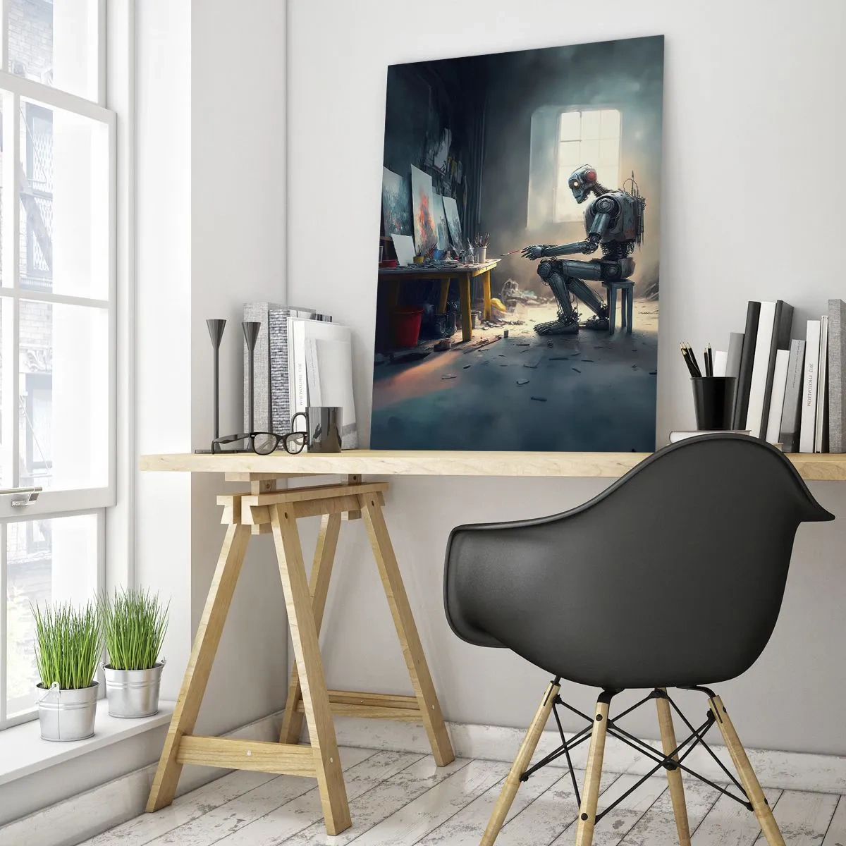 Glasbild - Bild auf glas - Ein Roboter malt ein Bild in einem Kunstatelier - 70x100cm - Schöpfungsakt - Moderne Wanddekoration für Wohnzimmer und Schlafzimmer ARTTOR