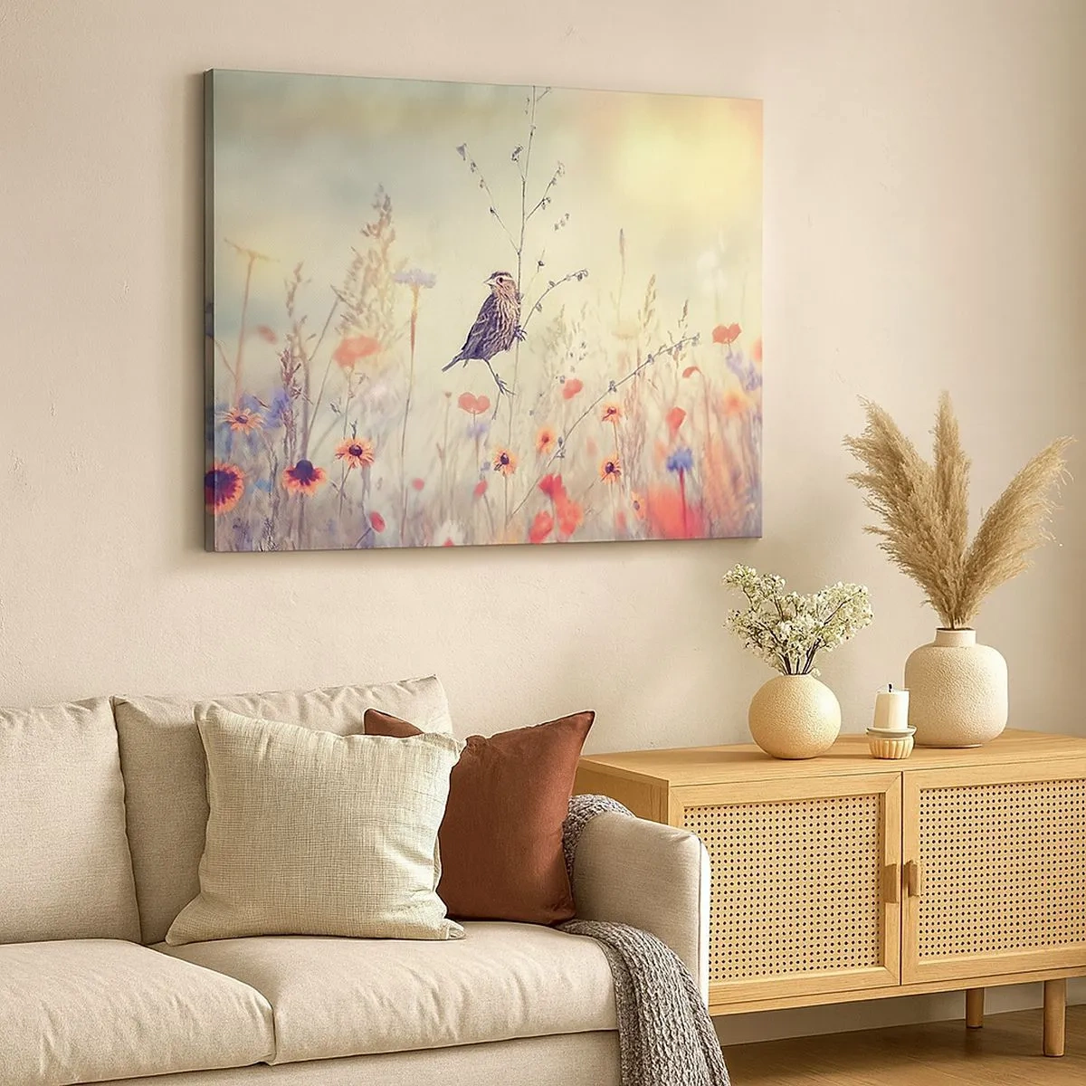 Bild auf Leinwand - Leinwandbild - Ein Vogel vor dem Hintergrund einer bunten Wiese in Pastellfarben - 70x50cm - Vogelporträt mit einer Wiese im Hintergrund - Moderne Wanddekoration für Wohnzimmer und Schlafzimmer ARTTOR