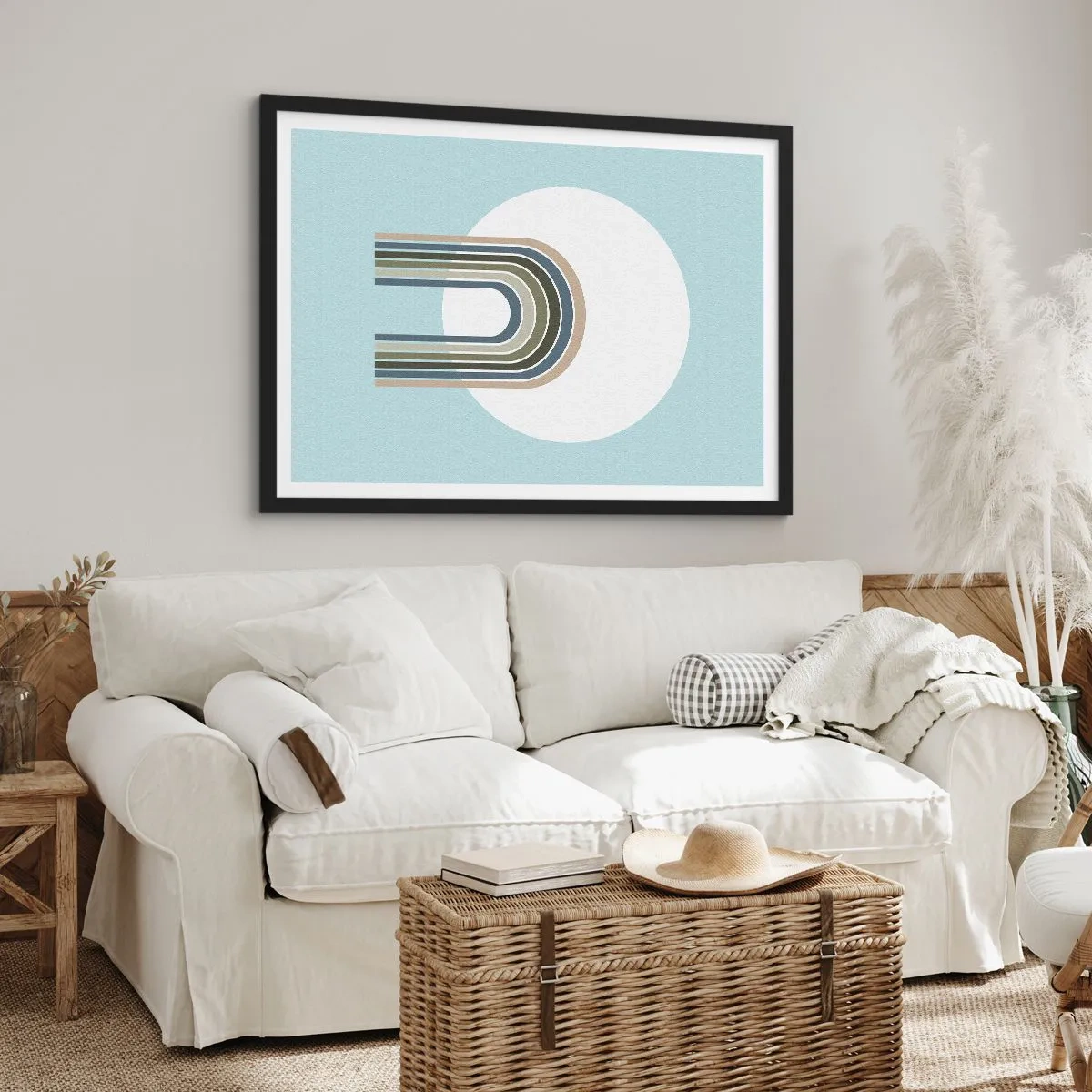 Poster in einem schwarzem Rahmen - Eine minimalistische Komposition mit einem Kreis und Linien auf pastellfarbenem Hintergrund. - 100x70cm - Unwiderstehliche Anziehungskraft - Moderne Wanddekoration für Wohnzimmer und Schlafzimmer ARTTOR