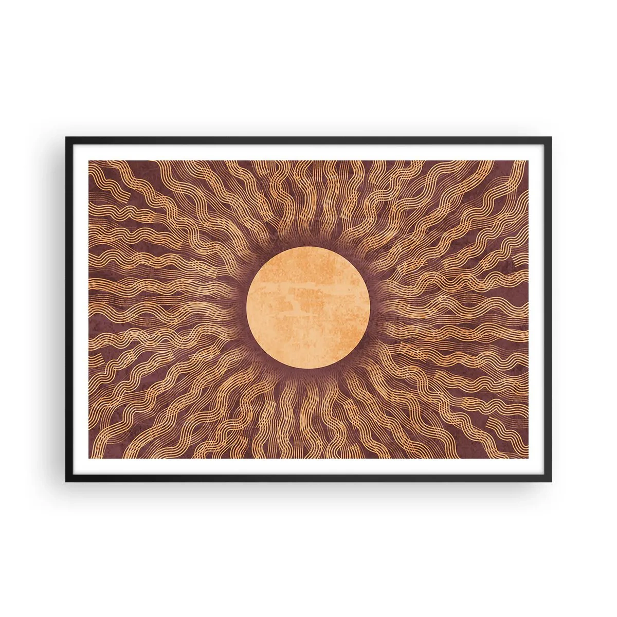 Poster in einem schwarzem Rahmen - Sonniges Muster mit Strahlen auf einem Hintergrund in Brauntönen - 100x70cm - Sonnensymbol - Moderne Wanddekoration für Wohnzimmer und Schlafzimmer ARTTOR