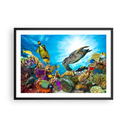 Poster in einem schwarzem Rahmen - Unterwasserwelt mit bunten Fischen und einer Schildkröte in den Korallen - 70x50cm - Korallenpromenade - Moderne Wanddekoration für Wohnzimmer und Schlafzimmer ARTTOR