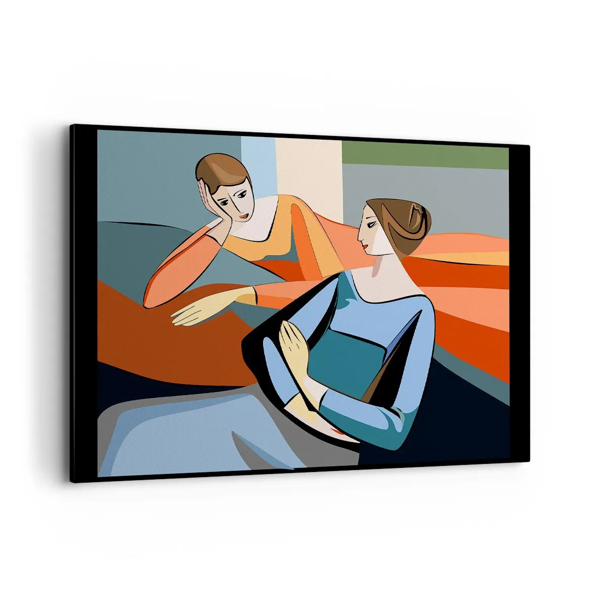 Bild auf Leinwand - Leinwandbild - Abstrakte Darstellung zweier Frauen im kubistischen Stil - 100x70cm - Moment der Zuversicht - Moderne Wanddekoration für Wohnzimmer und Schlafzimmer ARTTOR