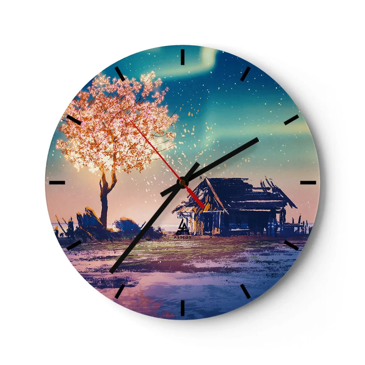 Wanduhr - Glasuhr - Baum und Hütte in der Abenddämmerung - 30x30cm - Die Natur vergeht nicht - Moderne Wanddekoration für Wohnzimmer, Küche und Schlafzimmer ARTTOR