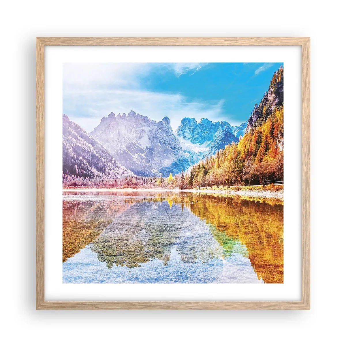 Poster in einem Rahmen aus heller Eiche - Und in den Bergen ist es schon Herbst - 50x50 cm