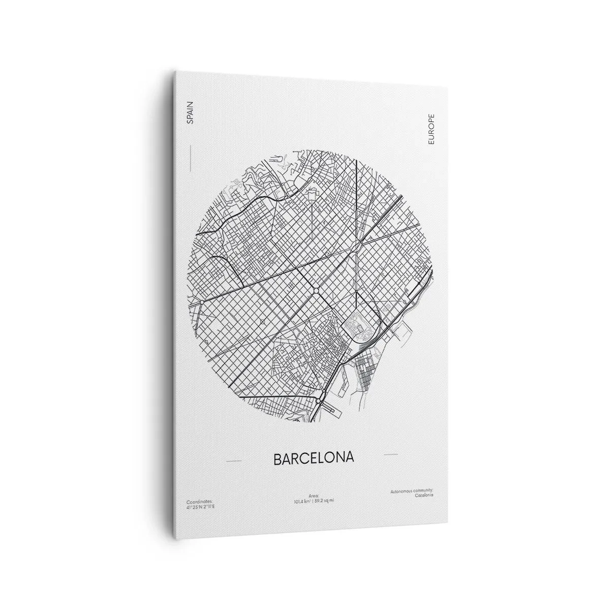 Bild auf Leinwand - Leinwandbild - Eine Karte von Barcelona im minimalistischen Schwarz-Weiß-Stil - 80x120cm - Anatomie von Barcelona - Moderne Wanddekoration für Wohnzimmer und Schlafzimmer ARTTOR