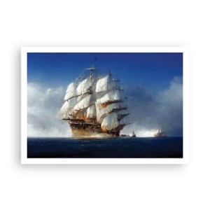 Poster - Ein Segelschiff auf offener See unter blauem Himmel - 100x70cm - Der große Ruhm! - Moderne Wanddekoration für Wohnzimmer und Schlafzimmer ARTTOR