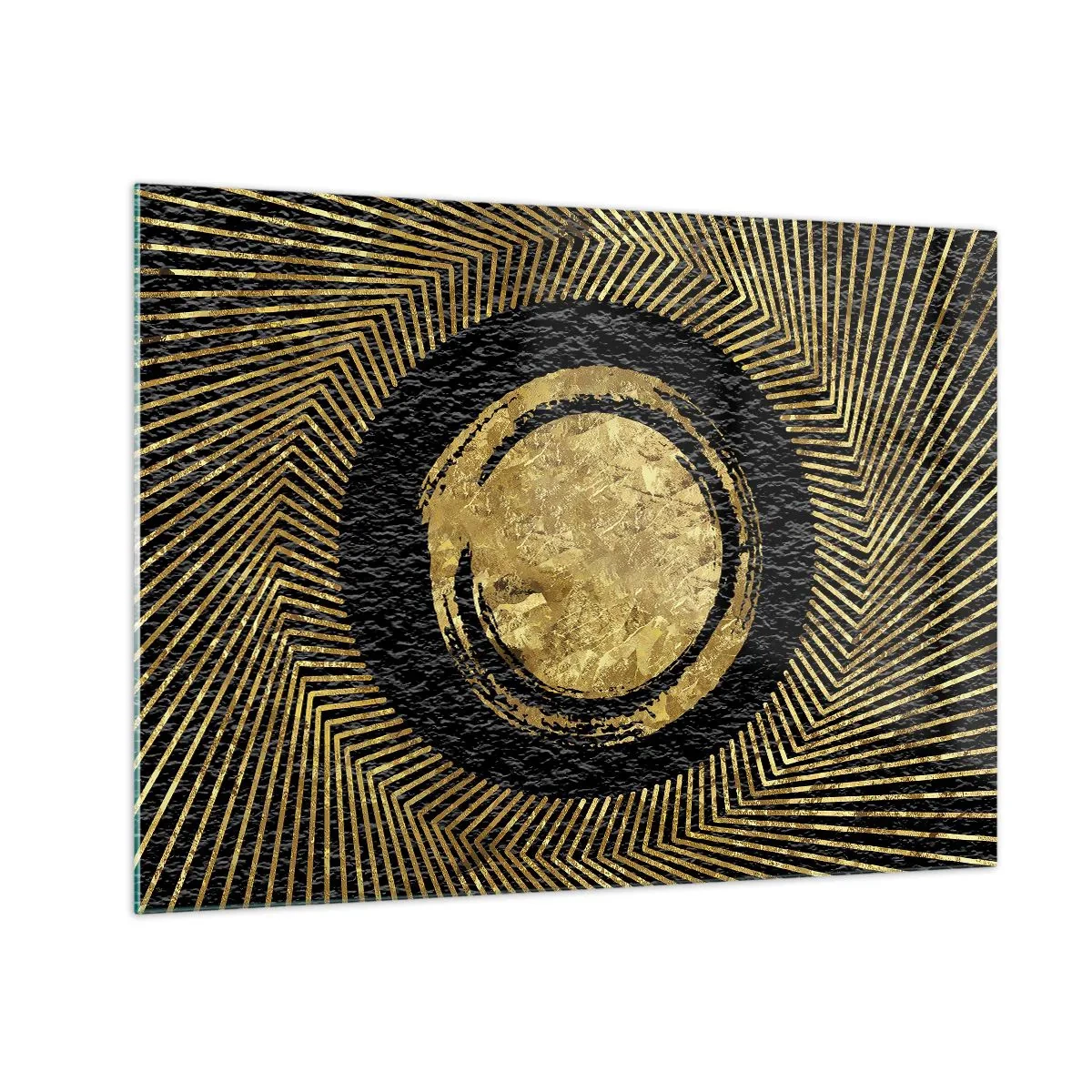 Glasbild - Bild auf glas - Goldener Kreis mit Strahlen auf schwarzem Hintergrund im glamourösen Stil - 70x50cm - Glamour-Komposition - Moderne Wanddekoration für Wohnzimmer und Schlafzimmer ARTTOR