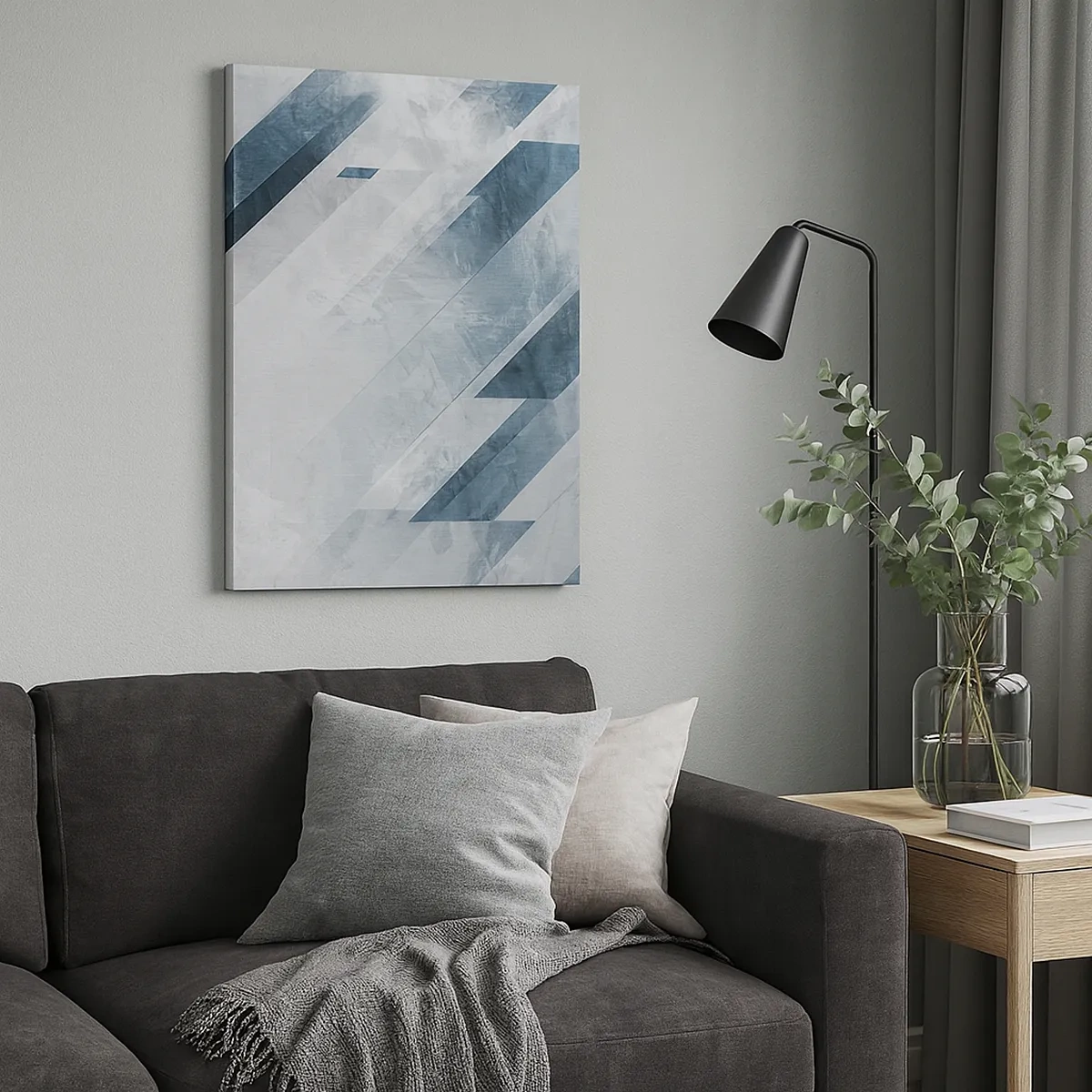 Bild auf Leinwand - Leinwandbild - Abstrakte Linien in Grau- und Blautönen - 50x70cm - Räumliche Komposition - graue Bewegung - Moderne Wanddekoration für Wohnzimmer und Schlafzimmer ARTTOR