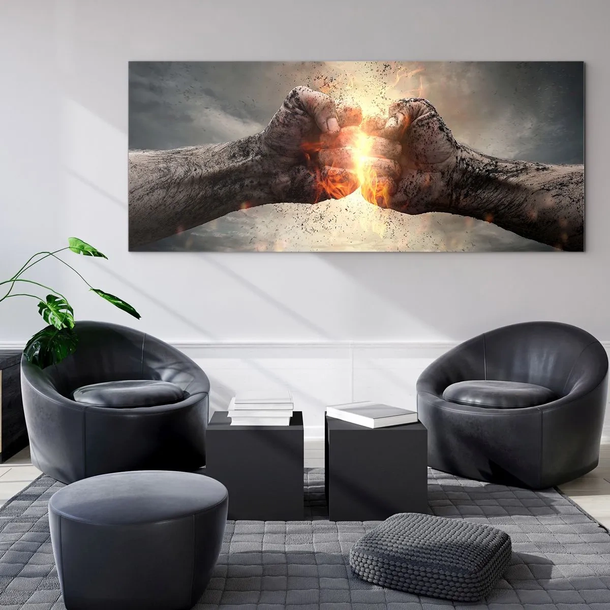 Glasbild - Bild auf glas - Geballte Fäuste in einer dynamischen Brandszene - 140x50cm - Steh auf für einen Kampf - Moderne Wanddekoration für Wohnzimmer und Schlafzimmer ARTTOR