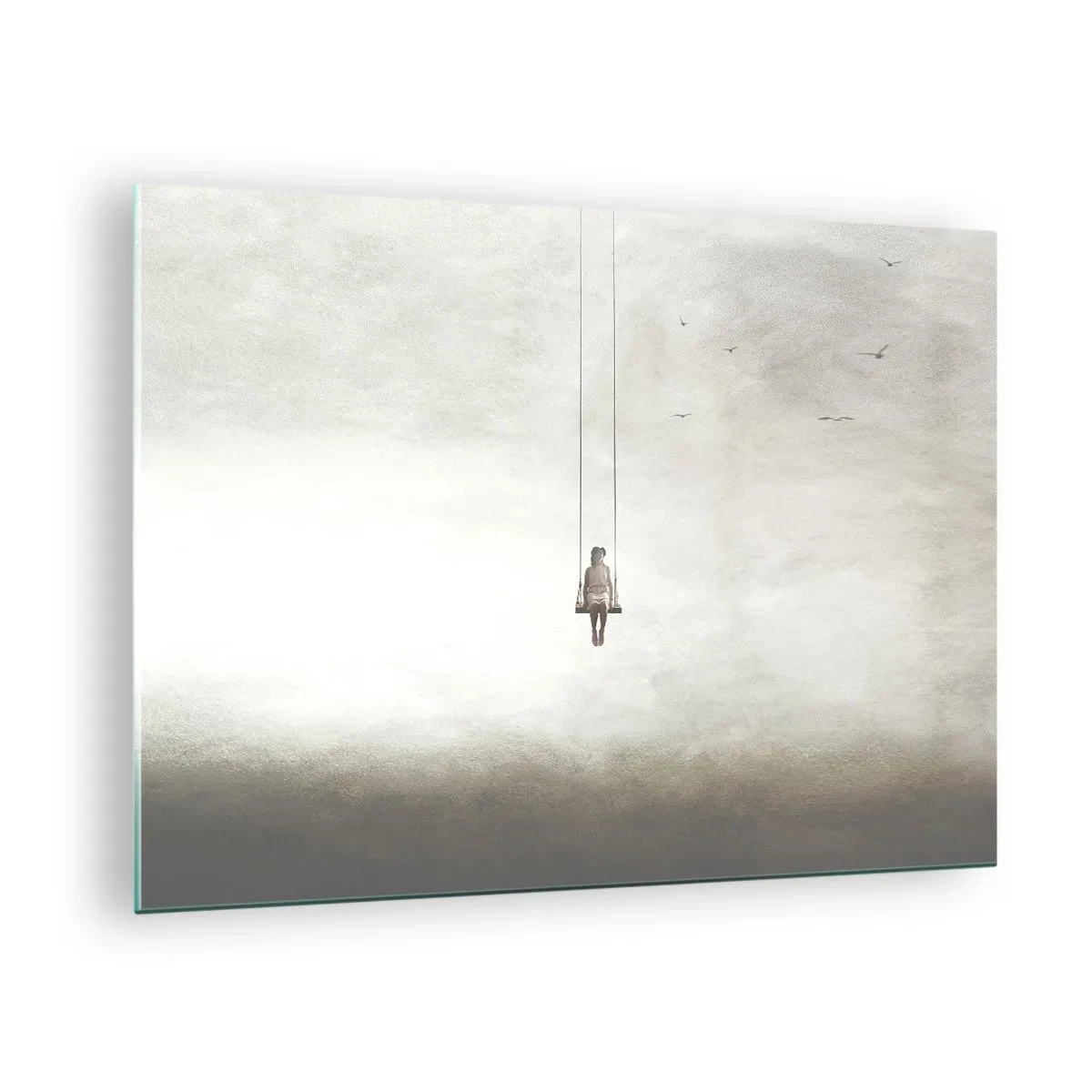 Glasbild - Bild auf glas - Eine Figur auf einer Schaukel, die im Himmel schwebt - 70x50cm - Ein Kind in uns - Moderne Wanddekoration für Wohnzimmer und Schlafzimmer ARTTOR