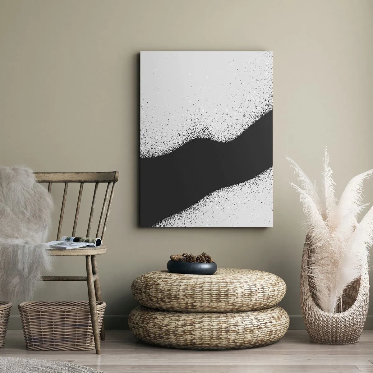Bild auf Leinwand - Leinwandbild - Abstraktes schwarz-weißes Muster mit zarten Punkten auf Leinwand - 80x120cm - Flüssiges Gleichgewicht - Moderne Wanddekoration für Wohnzimmer und Schlafzimmer ARTTOR