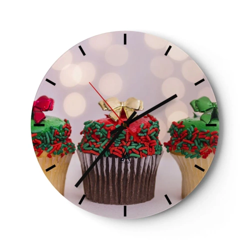 Wanduhr - Glasuhr - Weihnachts-Cupcakes mit bunten Streuseln und Schleifen - 30x30cm - Süßigkeiten bis zu der Schleife - Moderne Wanddekoration für Wohnzimmer, Küche und Schlafzimmer ARTTOR