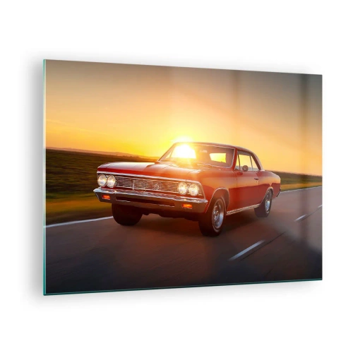 Glasbild - Bild auf glas - Roter Oldtimer vor der untergehenden Sonne - 70x50cm - Begehren ist rot - Moderne Wanddekoration für Wohnzimmer und Schlafzimmer ARTTOR