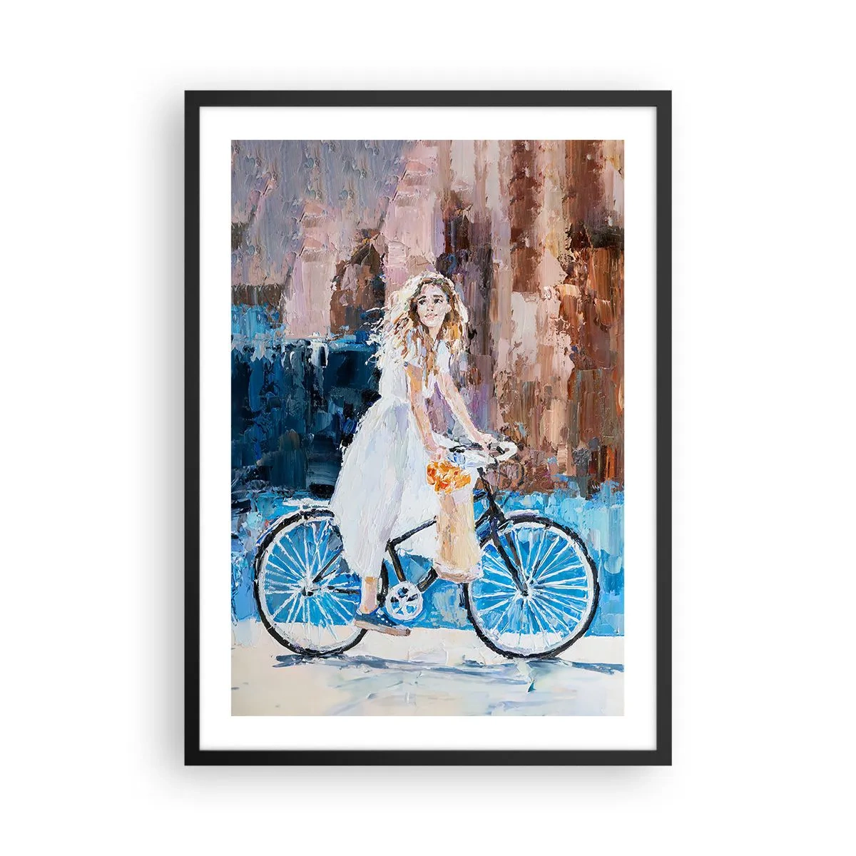 Poster in einem schwarzem Rahmen - Impressionistische Szene mit einem Radfahrer - 50x70cm - Freude am Morgen - Moderne Wanddekoration für Wohnzimmer und Schlafzimmer ARTTOR