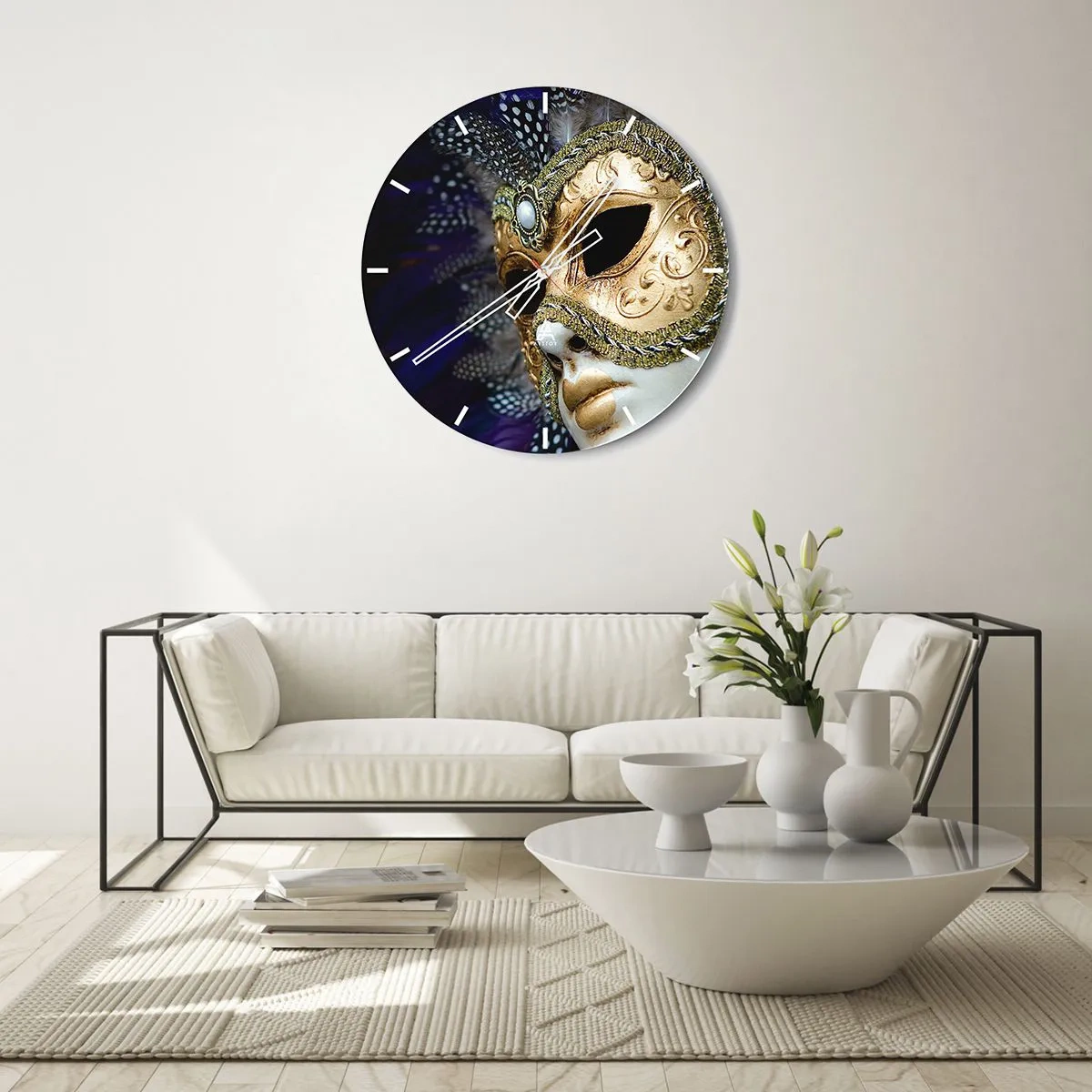 Wanduhr - Glasuhr - Goldene venezianische Maske mit Federn - 30x30cm - Venezianisches Porträt in Gold - Moderne Wanddekoration für Wohnzimmer, Küche und Schlafzimmer ARTTOR