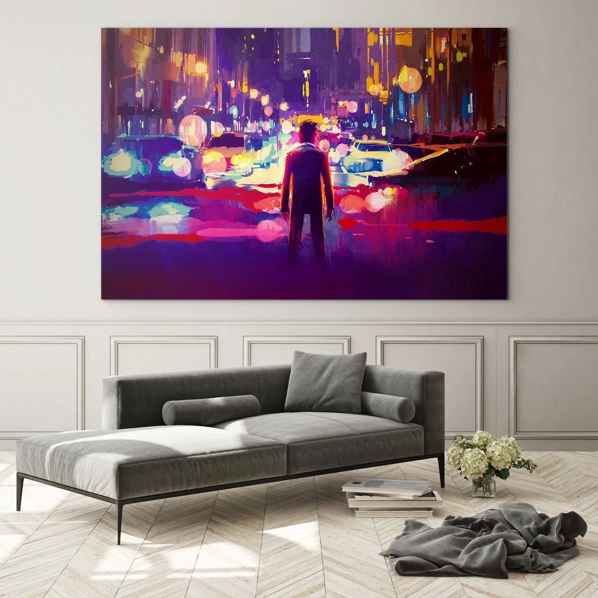 Glasbild - Bild auf glas - Eine Figur in einem farbenfrohen, futuristischen Stadtnachtlicht - 70x50cm - Eingetaucht in das Licht - Moderne Wanddekoration für Wohnzimmer und Schlafzimmer ARTTOR