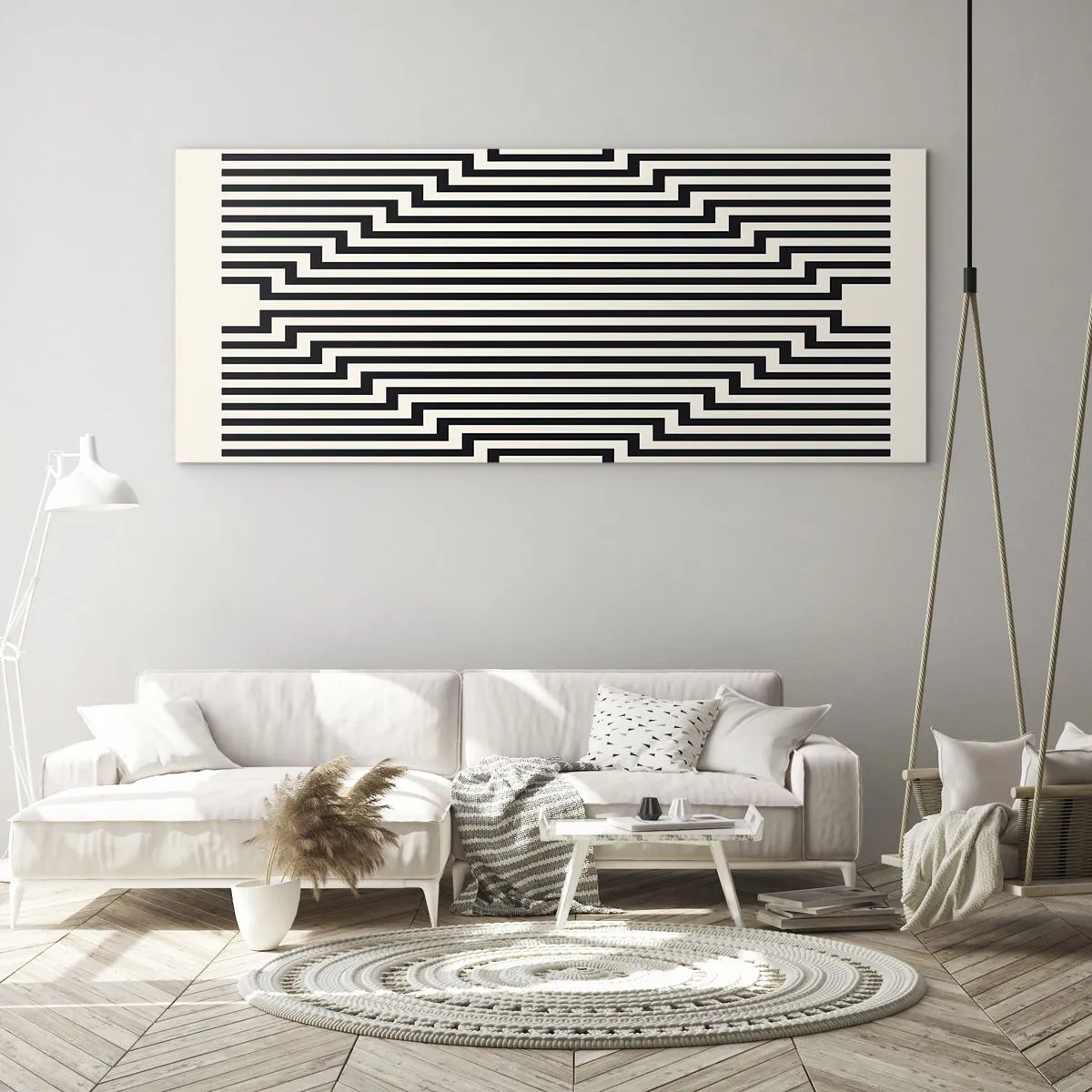 Glasbild - Bild auf glas - Schwarze und weiße Linien erzeugen einen geometrischen Illusionseffekt - 140x50cm - Geometrische Illusion - Moderne Wanddekoration für Wohnzimmer und Schlafzimmer ARTTOR