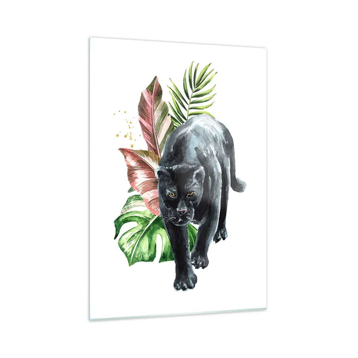 Glasbild - Bild auf glas - Schwarzer Panther auf einem Hintergrund aus tropischen Blättern im Aquarellstil - 50x70cm - Wildheit des Herzens - Moderne Wanddekoration für Wohnzimmer und Schlafzimmer ARTTOR