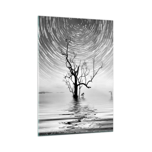 Glasbild - Bild auf glas - Schwarz-weiße Landschaft mit einem Baum und Sternenstreifen - 50x70cm - Eine Sinfonie der Natur - Moderne Wanddekoration für Wohnzimmer und Schlafzimmer ARTTOR