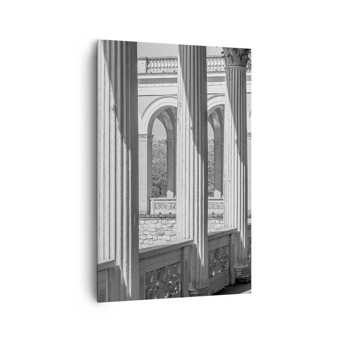 Bild auf Leinwand - Leinwandbild - Kolonnade im klassischen Stil in Schwarz und Weiß - 80x120cm - Sonnige Arkade - Moderne Wanddekoration für Wohnzimmer und Schlafzimmer ARTTOR