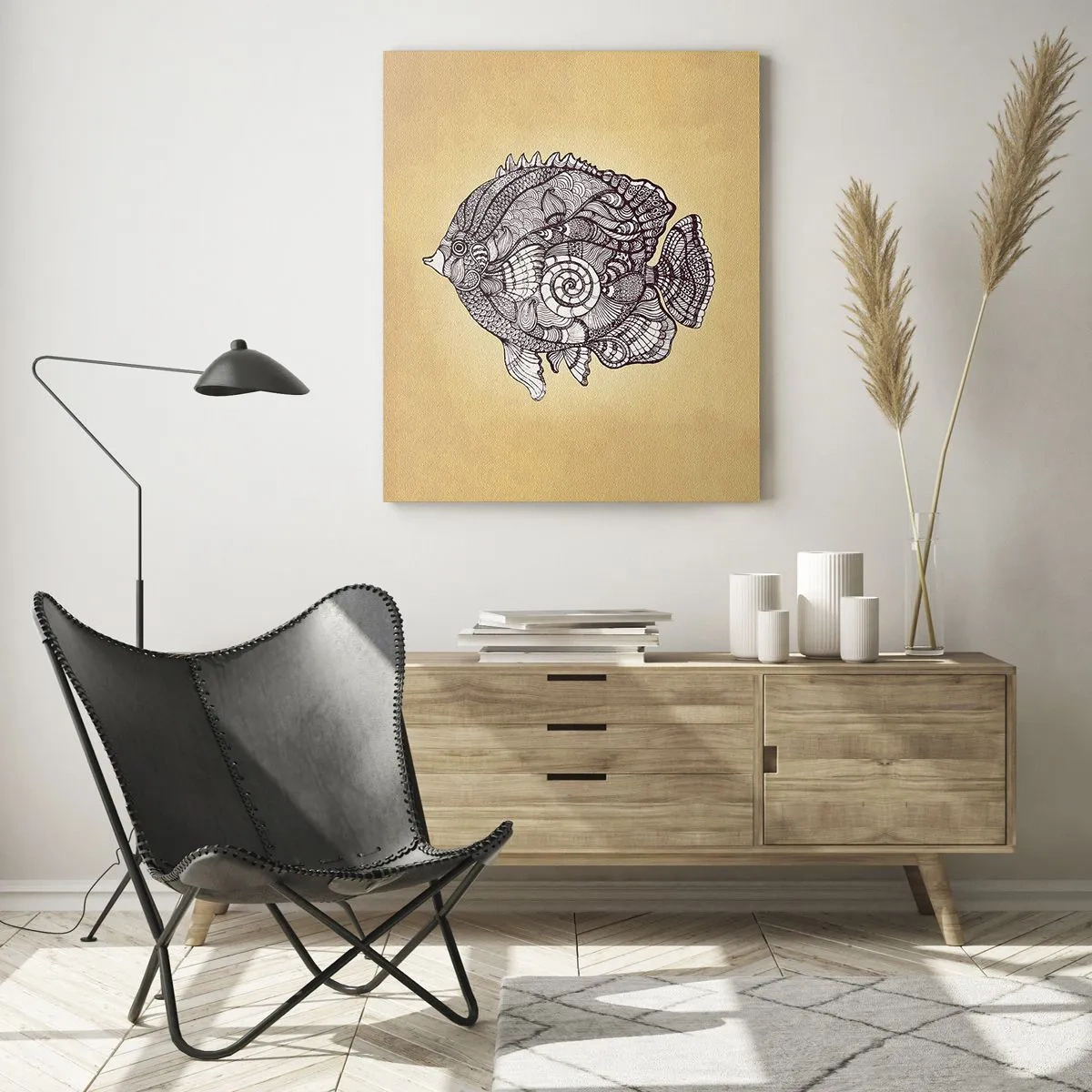 Glasbild - Bild auf glas - Ein Cartoon-Fisch mit Ornamenten auf beigem Hintergrund - 50x70cm - Aus dem Ozean der Ornamente - Moderne Wanddekoration für Wohnzimmer und Schlafzimmer ARTTOR