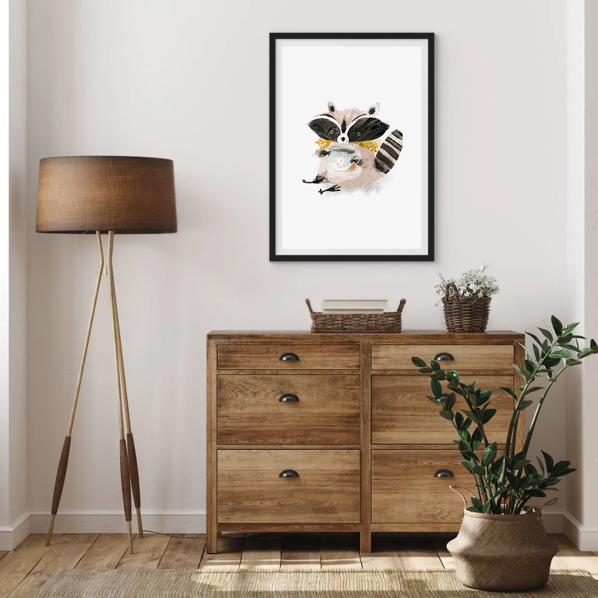 Poster in einem schwarzem Rahmen - Eine Zeichnung eines Waschbären, der einen Schal trägt und eine Tasse Tee hält. - 50x70cm - Mein Freund der Waschbär - Moderne Wanddekoration für Wohnzimmer und Schlafzimmer ARTTOR