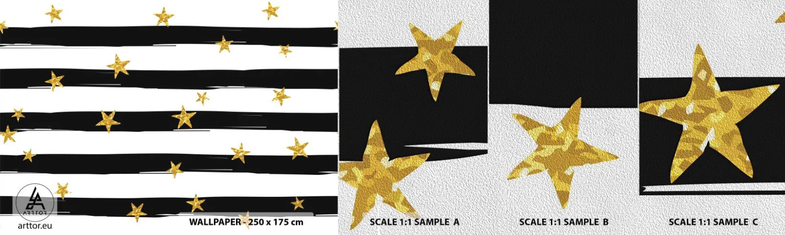 Fototapeten Muster Premium Sand - Wir wurden alle unter einem glücklichen Stern geboren - Grafik, Goldstern, Schwarz-weiße Streifen - 100x30 cm