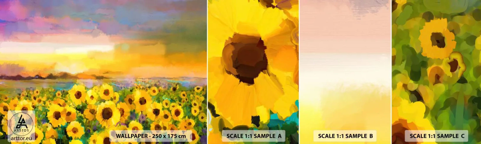 Fototapetenmuster Standard Eco - Die Sonne selbst ist auf die Erde herabgestiegen - Sonnenblumenfeld, Sonnenblume, Natur - 100x30 cm