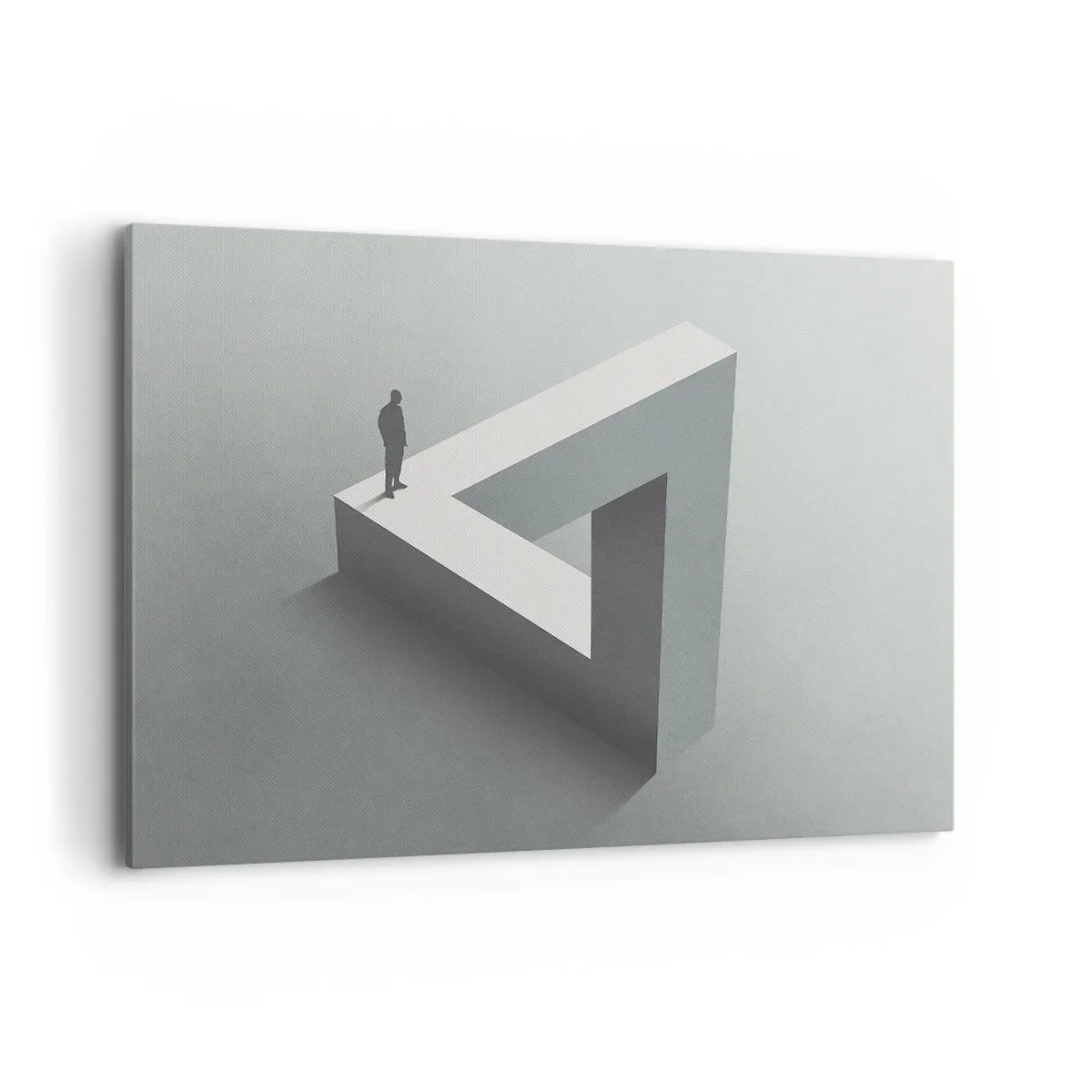 Bild auf Leinwand - Leinwandbild - Eine Figur, die auf einem Penrose-Dreieck in Grautönen steht. - 120x80cm - Es ist also doch möglich - Moderne Wanddekoration für Wohnzimmer und Schlafzimmer ARTTOR
