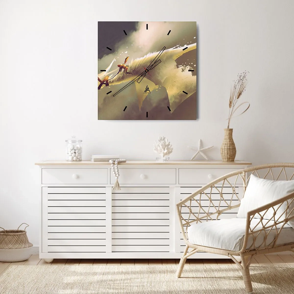 Wanduhr - Glasuhr - Illustration eines Drachenreiters in einer Fantasy-Wolkenlandschaft - 30x30cm - Die Welt zur Rettung - Moderne Wanddekoration für Wohnzimmer und Schlafzimmer ARTTOR