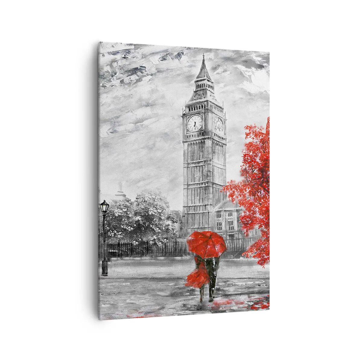 Bild auf Leinwand - Leinwandbild - Ikonische Ansicht von London mit Big Ben, einem roten Bus und einem Regenschirm - 70x100cm - Ein aufregender Tag - Moderne Wanddekoration für Wohnzimmer und Schlafzimmer ARTTOR