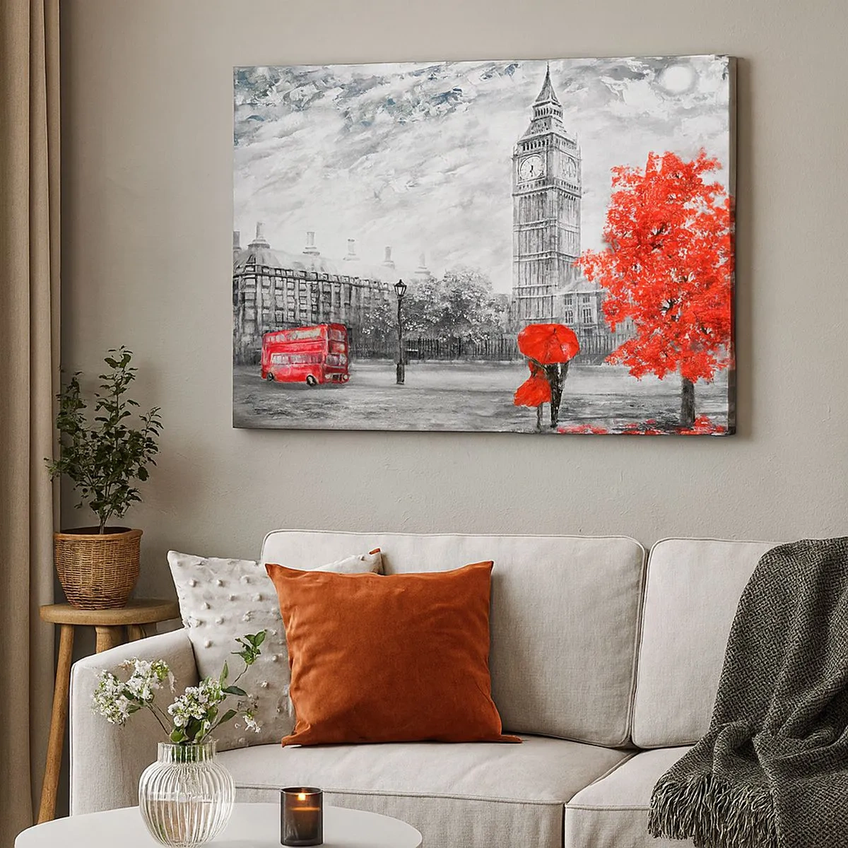 Bild auf Leinwand - Leinwandbild - Ikonische Ansicht von London mit Big Ben, einem roten Bus und einem Regenschirm - 70x50cm - Ein aufregender Tag - Moderne Wanddekoration für Wohnzimmer und Schlafzimmer ARTTOR