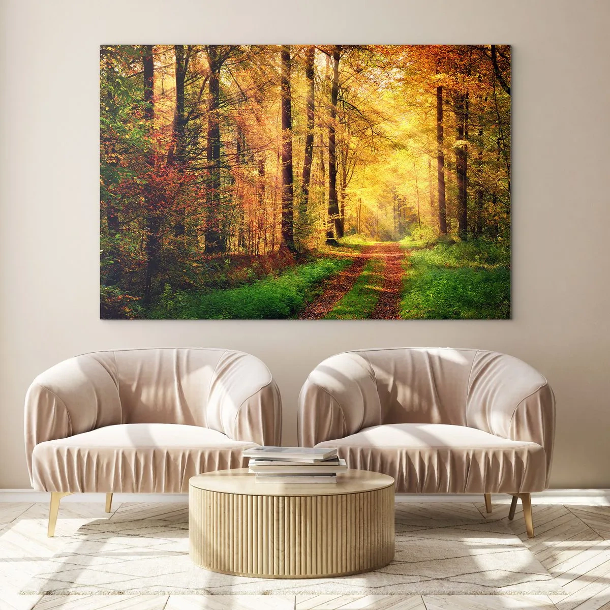 Glasbild - Bild auf glas - Herbstpfad im Wald mit Sonnenstrahlen - 120x80cm - Waldgoldene Stille - Moderne Wanddekoration für Wohnzimmer und Schlafzimmer ARTTOR