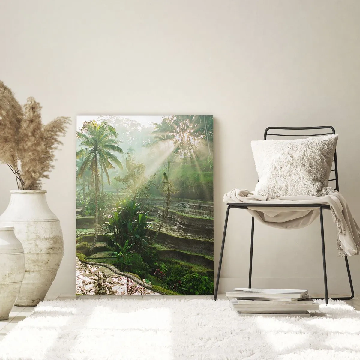 Glasbild - Bild auf glas - Reisterrassen mit Palmen in den Sonnenstrahlen - 70x100cm - In der Sonne aufwachsen - Moderne Wanddekoration für Wohnzimmer und Schlafzimmer ARTTOR