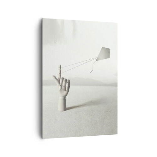 Bild auf Leinwand - Leinwandbild - Eine minimalistische Holzhand mit einem Drachen vor einem Landschaftshintergrund. - 50x70cm - Kraftprobe - Moderne Wanddekoration für Wohnzimmer und Schlafzimmer ARTTOR