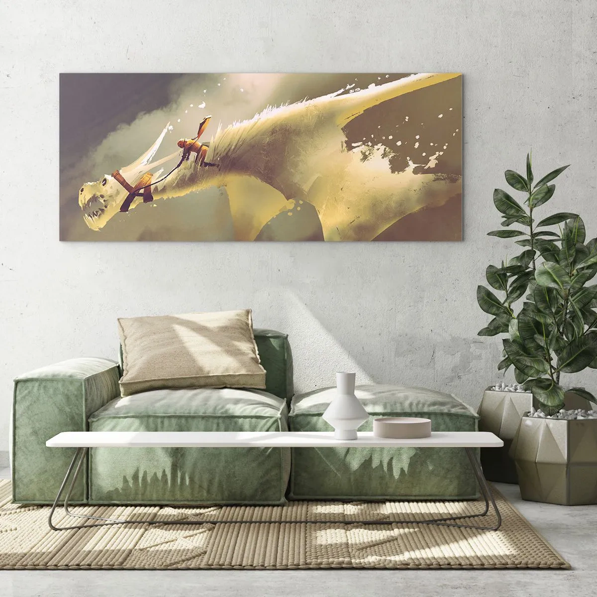 Glasbild - Bild auf glas - Illustration eines Drachenreiters in einer Fantasy-Wolkenlandschaft - 160x50cm - Die Welt zur Rettung - Moderne Wanddekoration für Wohnzimmer und Schlafzimmer ARTTOR