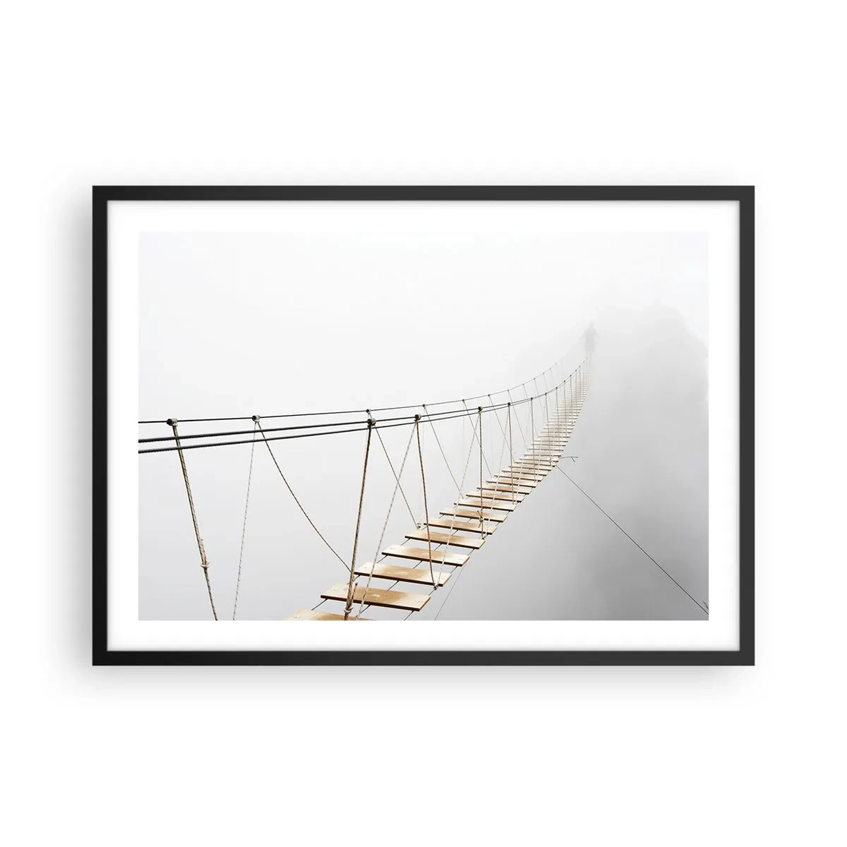Poster in einem schwarzem Rahmen - Eine Hängebrücke im Nebel aus minimalistischer Perspektive - 70x50cm - Wohin wird es dich führen? - Moderne Wanddekoration für Wohnzimmer und Schlafzimmer ARTTOR