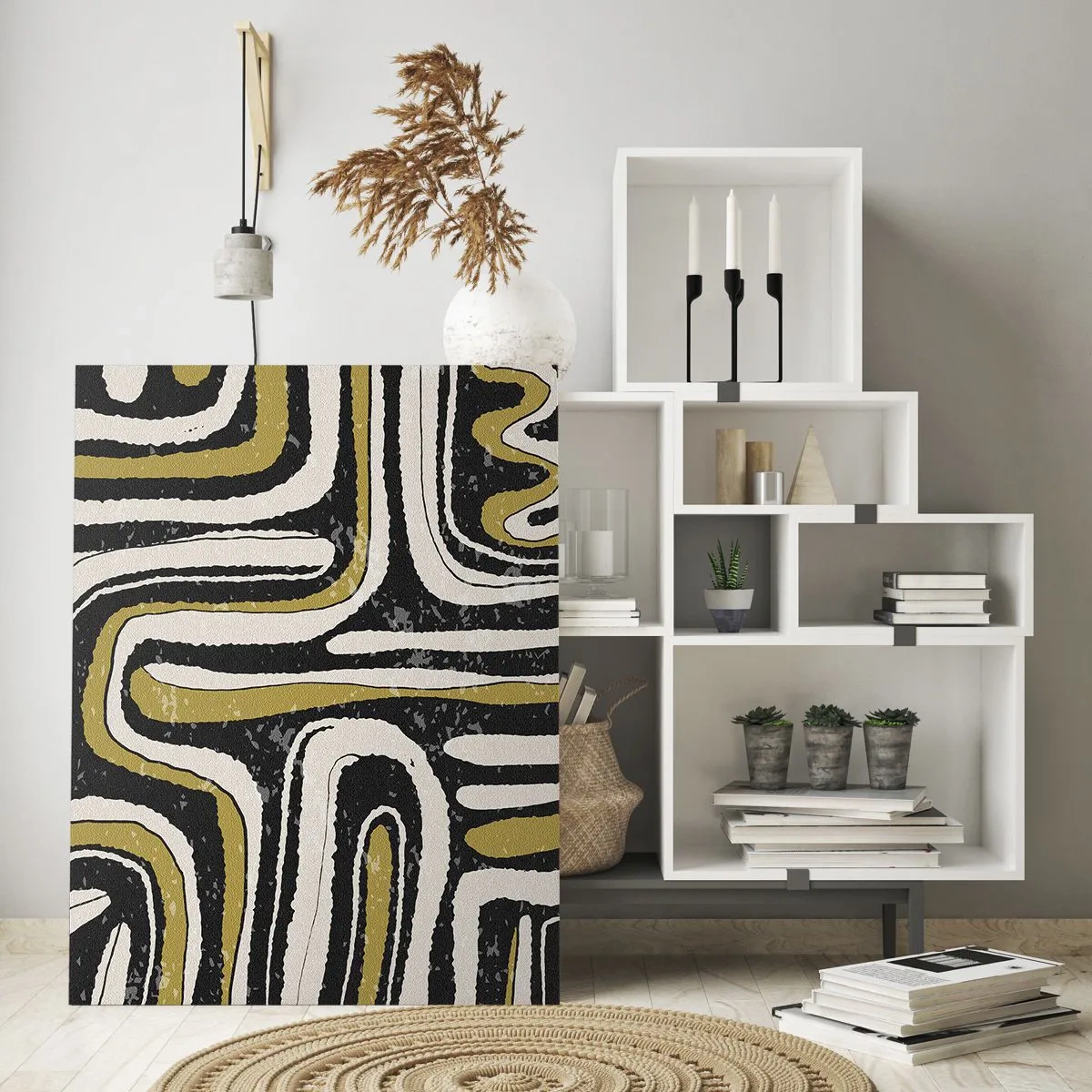 Glasbild - Bild auf glas - Abstraktes Muster in Schwarz, Weiß und Gold - 80x120cm - Komposition: Straßen und Gassen - Moderne Wanddekoration für Wohnzimmer und Schlafzimmer ARTTOR