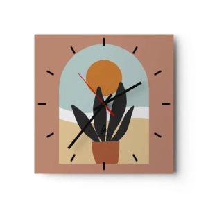 Wanduhr - Glasuhr - Eine schwarze Pflanze in einem Topf gegen die Sonne - 30x30cm - Kleine Freuden - Moderne Wanddekoration für Wohnzimmer und Schlafzimmer ARTTOR