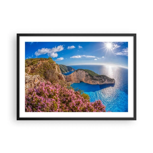 Poster in einem schwarzem Rahmen - Eine Klippe mit Blumen, ein türkisfarbenes Meer und eine sonnige griechische Landschaft - 70x50cm - Mein toller Griechenlandurlaub - Moderne Wanddekoration für Wohnzimmer und Schlafzimmer ARTTOR