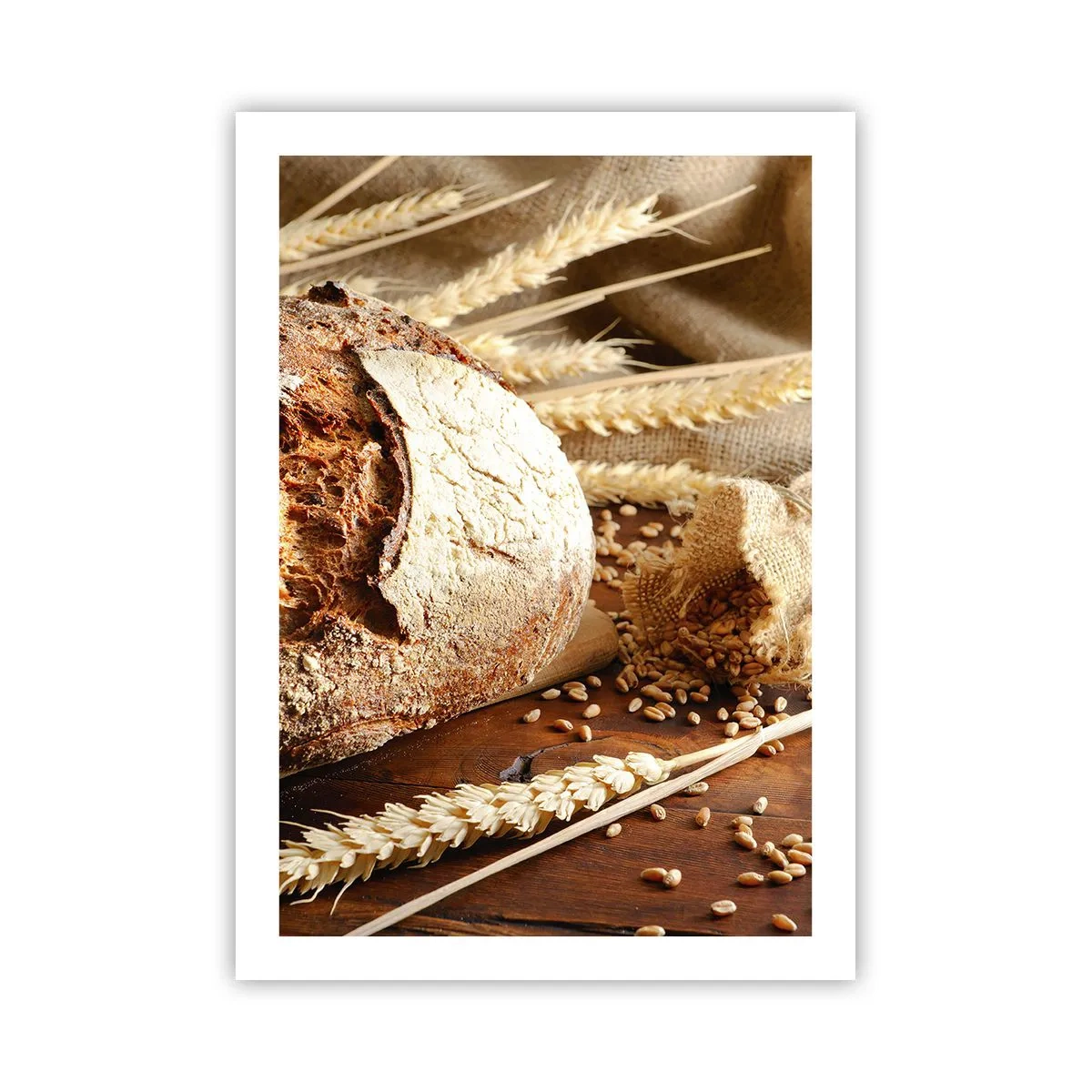 Poster - Brot auf einem Holztisch mit Weizenähren - 50x70cm - Appetitanregend, duftend, knackig - Moderne Wanddekoration für Wohnzimmer und Schlafzimmer ARTTOR