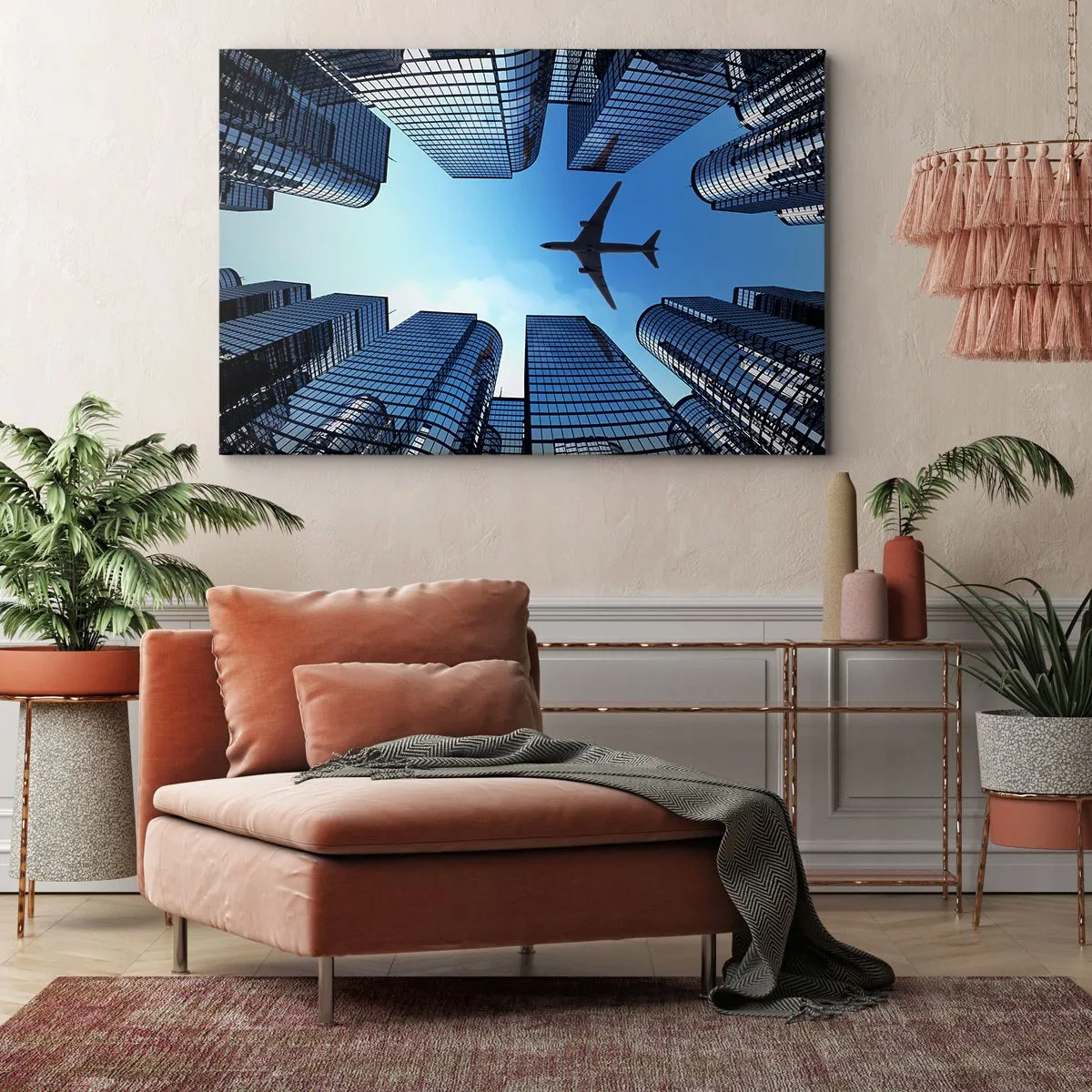 Bild auf Leinwand - Leinwandbild - Ein Flugzeug fliegt über moderne Wolkenkratzer im Stadtzentrum. - 100x70cm - Der Blick aus der Glasschlucht - Moderne Wanddekoration für Wohnzimmer und Schlafzimmer ARTTOR