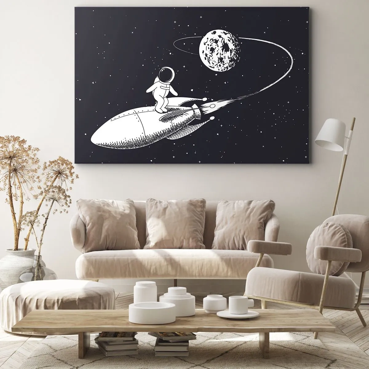 Bild auf Leinwand - Leinwandbild - Astronaut auf einer Rakete im Weltraum - 70x50cm - Weltraumsurfer - Moderne Wanddekoration für Wohnzimmer und Schlafzimmer ARTTOR