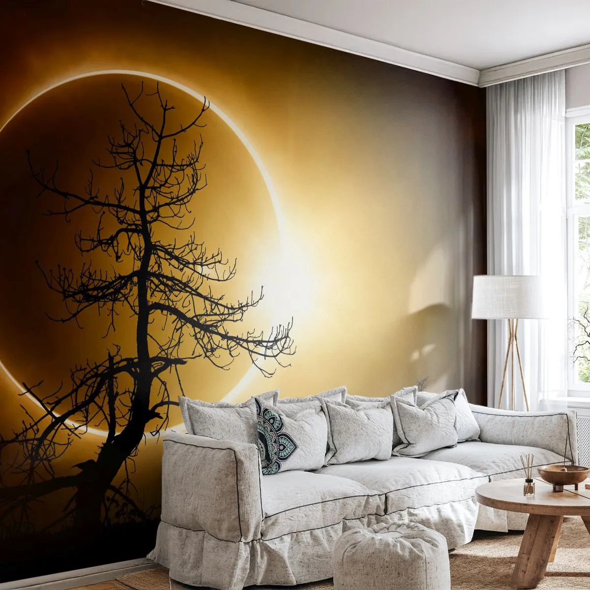 Fototapete Premium Sand - Sonnenfinsternis mit Baumumriss - 100x70cm - Totale Finsternis - Moderne Wanddekoration für Wohnzimmer und Schlafzimmer ARTTOR