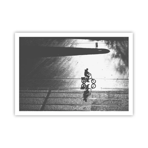 Poster - Schwarz-weiße Silhouette eines Radfahrers auf einer nassen Straße - 100x70cm - Vor sich hin durch die Stadt - Moderne Wanddekoration für Wohnzimmer und Schlafzimmer ARTTOR