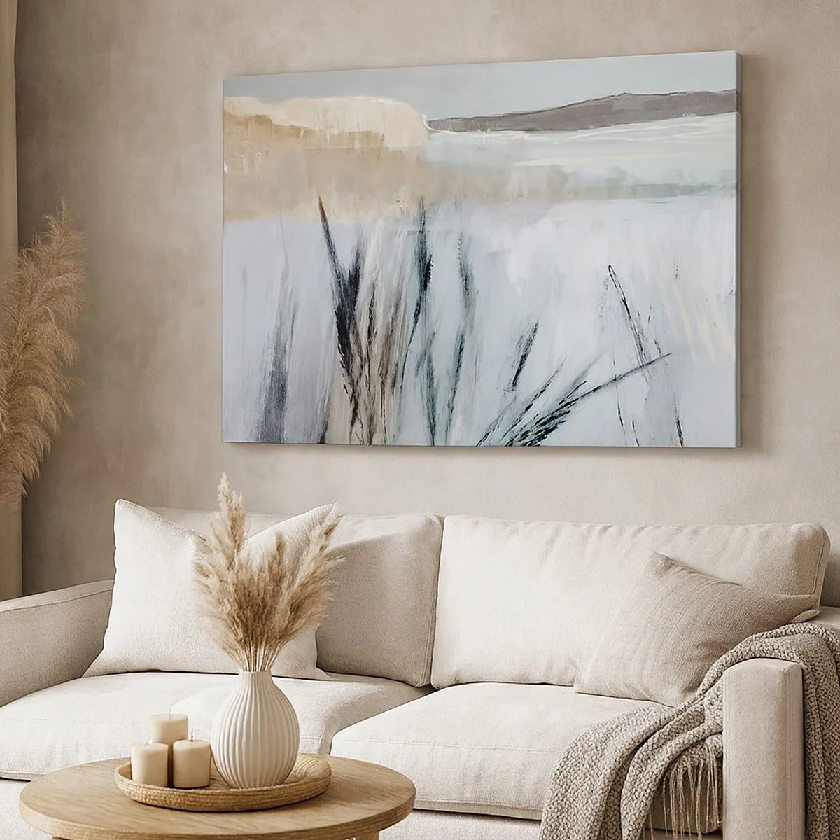 Bild auf Leinwand - Leinwandbild - Eine malerische Winterlandschaft mit Feldern und Gräsern - 70x50cm - Winterfelder - Moderne Wanddekoration für Wohnzimmer und Schlafzimmer ARTTOR