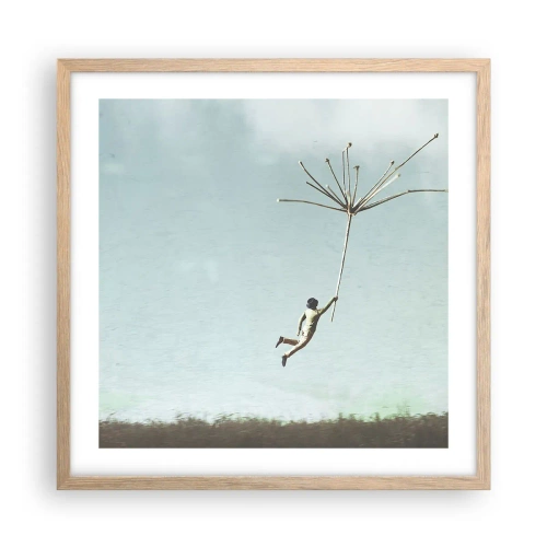 Poster in einem Rahmen aus heller Eiche - Drachen, Löwenzahn, Wind - 50x50 cm